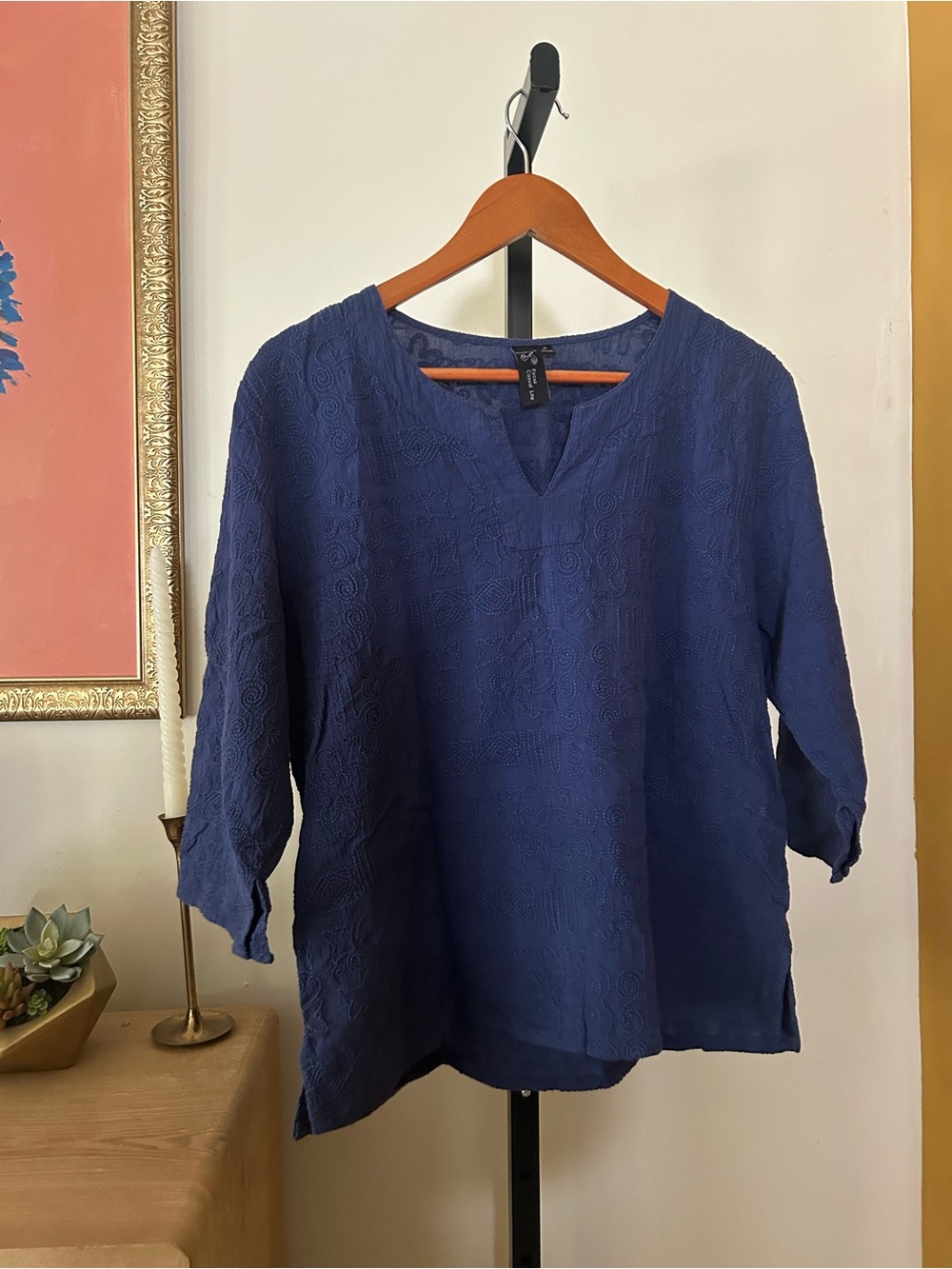 Focus Casual Life Embroidered Top Preshrunk Cotton 3/4 Sleeve Navy Blue Medium